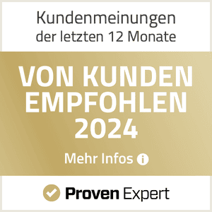 Kundenzufriedenheitssiegel, goldener Hintergrund, Text: „Von Kunden empfohlen 2024“.