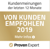 Goldenes Abzeichen mit der Aufschrift: "Von Kunden empfohlen 2019, Mehr Infos".