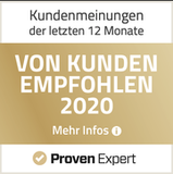Kundenauszeichnung von Proven Expert 2020 in Gold und Weiß, mit "Mehr Infos" Hinweis.