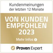 Goldenes Zertifikat: "Von Kunden empfohlen 2023". Logo von Proven Expert.