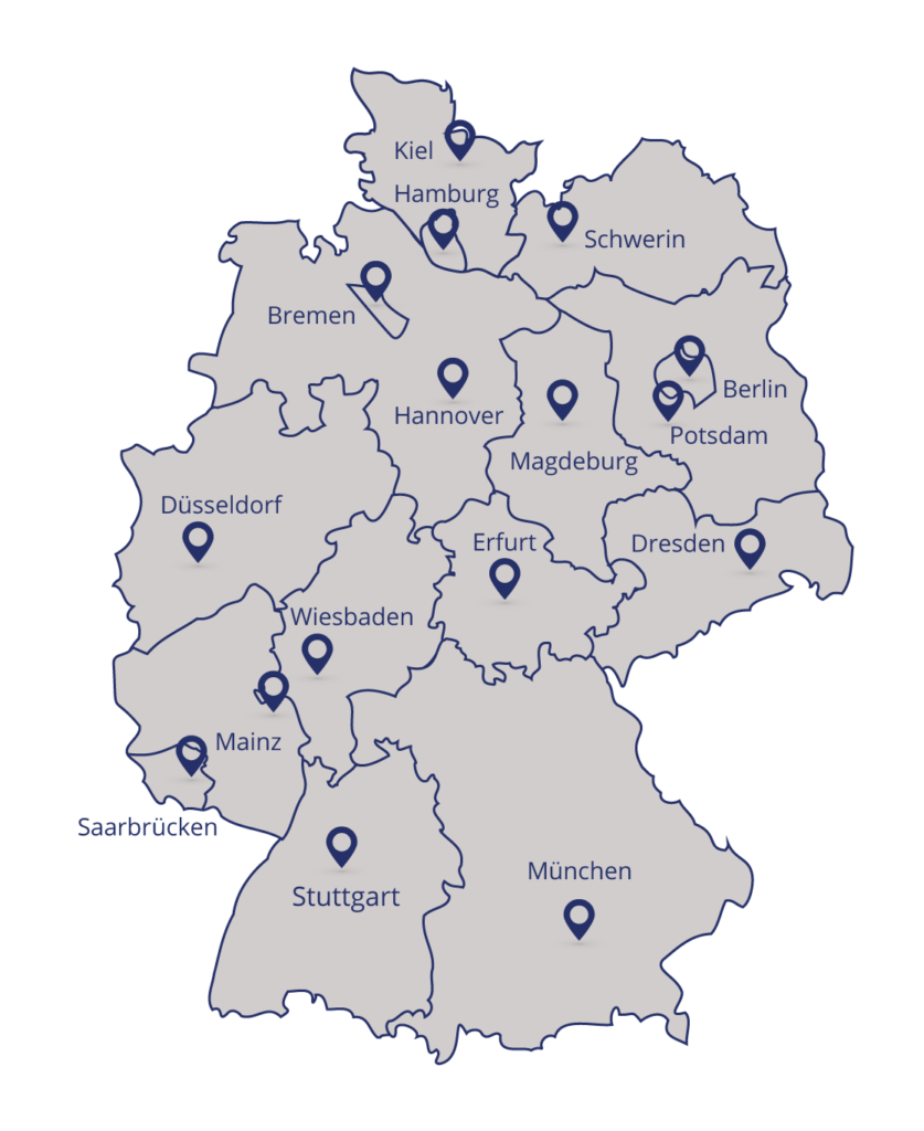 Deutschlandkarte mit markierten Städten; grau mit blauen Markierungen.
